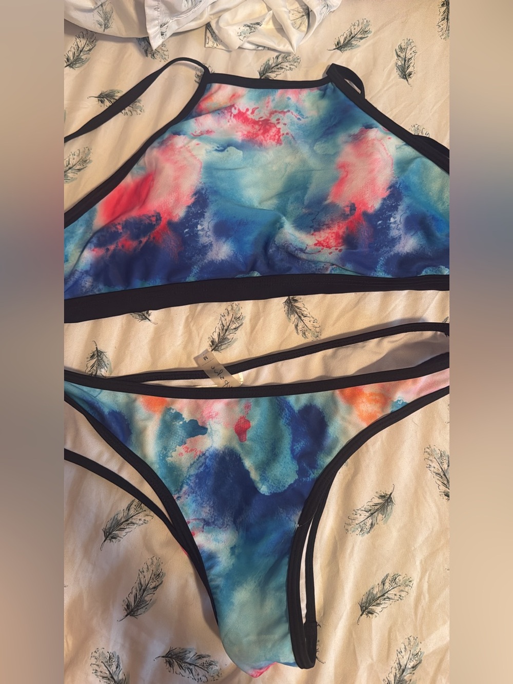 Cupshe Blue Pink Multicolor High-Neck Bikini Set with Black Trim